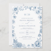 Victoriaans Frans Dusty Blue Wedding Monogram Kaart (Voorkant)