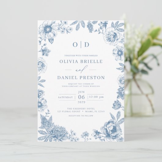 Victoriaans Frans Dusty Blue Wedding Monogram Kaart (Staand voorkant)