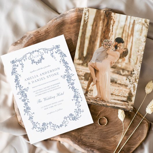 Victoriaans  Frans Foto Blauw Bruiloft Kaart