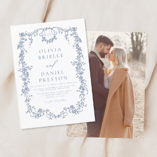 Victoriaans  Frans Foto Blauw Bruiloft Kaart