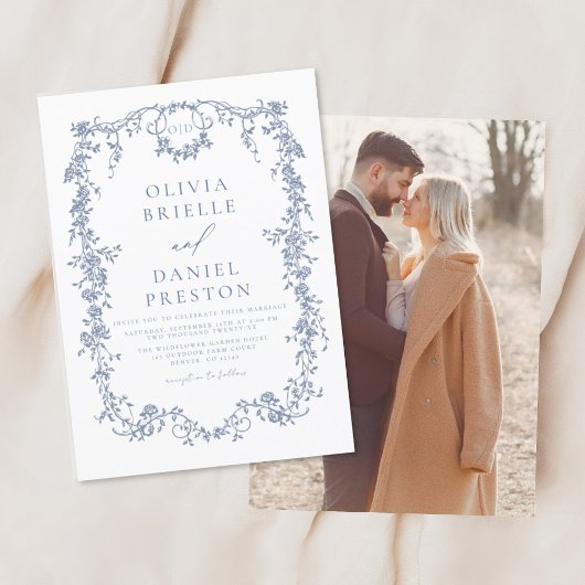 Victoriaans  Frans Foto Blauw Bruiloft Kaart