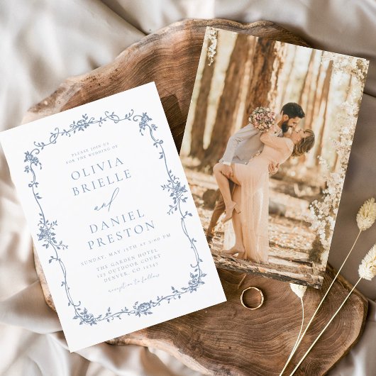 Victoriaans  Frans Foto Blauw Bruiloft Kaart