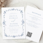 Victoriaans Frans QR Code Blauw Vintage Bruiloft Kaart<br><div class="desc">Breng uw gasten naar een tijdperk van elegantie en romance met onze Victoriaans Franse Blauwe Bloemenbruiloft uitnodiging. Geïnspireerd door de weelde van het Victoriaans tijdperk en versierd met delicate Franse blauwe bloemen, straalt deze uitnodiging tijdloze verfijning uit. Vervaardigd met nauwgezette aandacht voor detail, het ingewikkelde bloemenontwerp en -geïnspireerde typografie creëer,...</div>