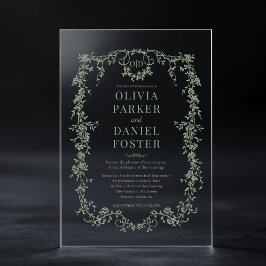 Victoriaans Frans Sage Groen Bruiloft Monogram Acryl Uitnodigingen