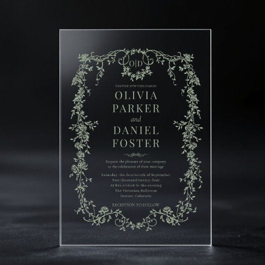 Victoriaans Frans Sage Groen Bruiloft Monogram Acryl Uitnodigingen