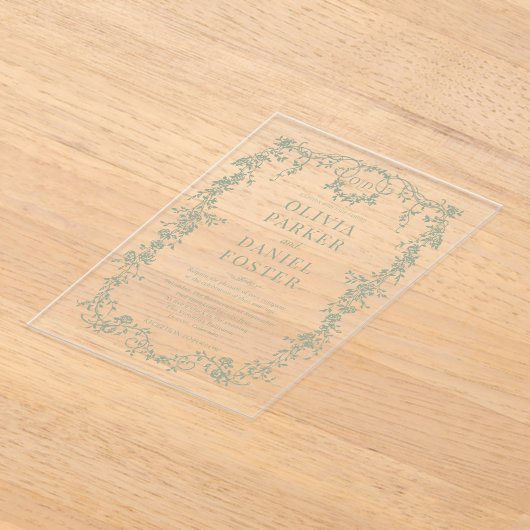 Victoriaans Frans Sage Groen Bruiloft Monogram Acryl Uitnodigingen (Laagn)