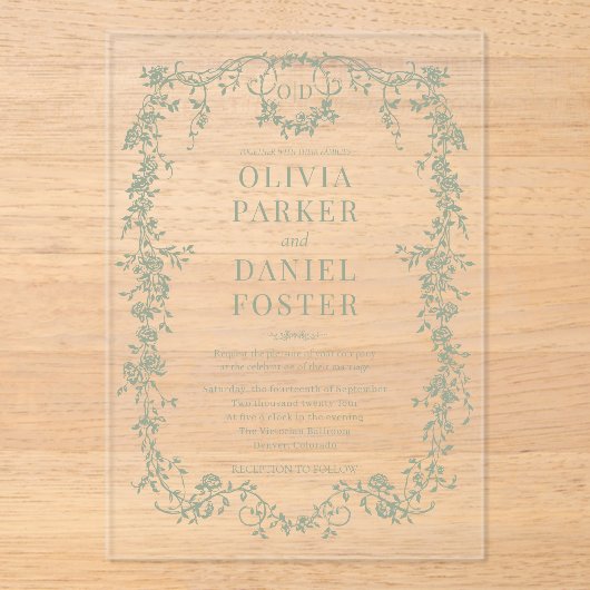 Victoriaans Frans Sage Groen Bruiloft Monogram Acryl Uitnodigingen (Voorkant)