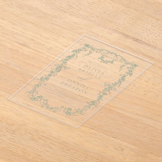 Victoriaans Frans Sage Groen Bruiloft Monogram Acryl Uitnodigingen (Laagn)