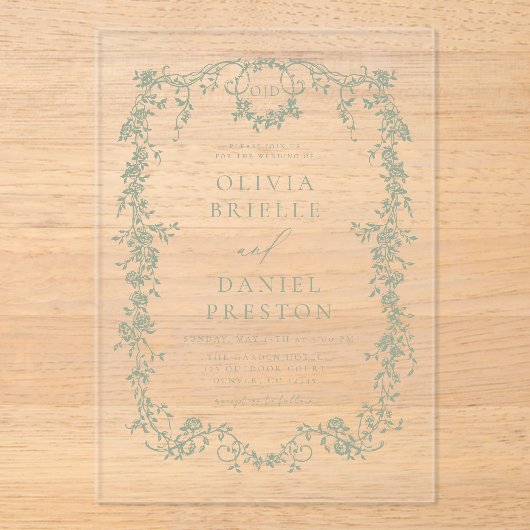 Victoriaans Frans Sage Groen Bruiloft Monogram Acryl Uitnodigingen (Voorkant)