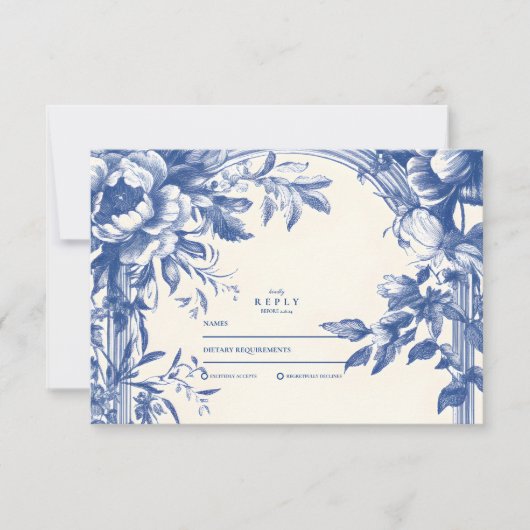 Victoriaans Franse Blauwe Bloemen Huwelijk RSVP Kaartje (Voorkant)