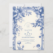 Victoriaans Franse Blauwe Bloemen Huwelijk Save The Date (Voorkant)