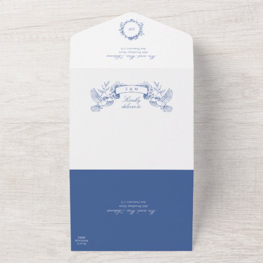 Victoriaans Franse Blauwe Botanische Vogelbruiloft All In One Uitnodiging (Buitenkant)