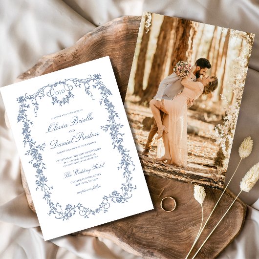 Victoriaans Franse Blauwe Foto Monogram Huwelijk Kaart