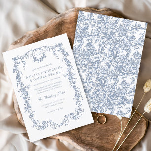 Victoriaans  Franse Dusty Blue Floral Wedding Kaart