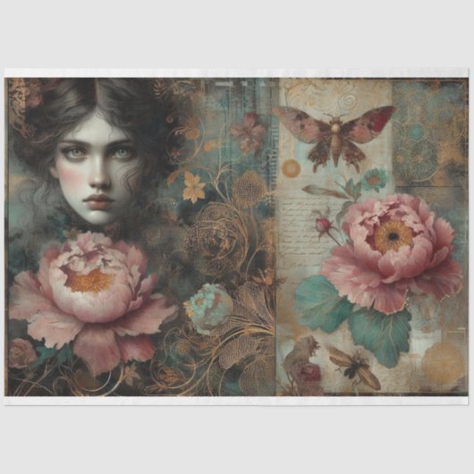 Victoriaans Franse pioen Roos Ephemera Decoupage Tissuepapier (Voorkant)