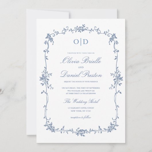 Victoriaans Franse QR-code Floral Wedding Monogram Kaart (Voorkant)