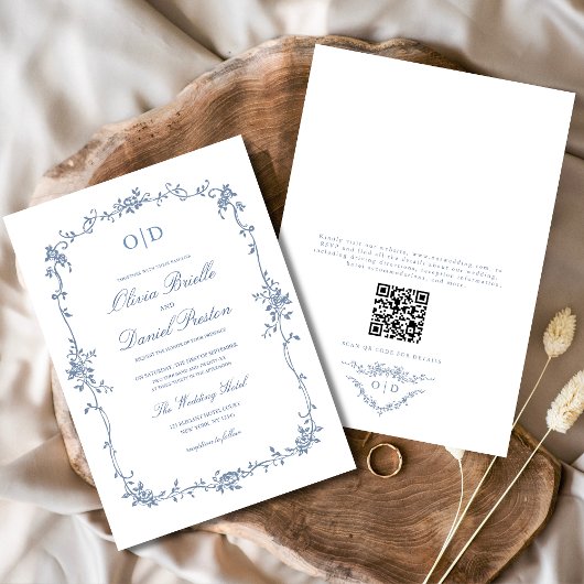 Victoriaans Franse QR-code Floral Wedding Monogram Kaart