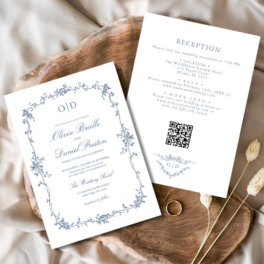 Victoriaans Franse QR-code Floral Wedding Monogram Kaart