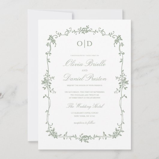 Victoriaans Franse QR-code Sage Green Wedding Kaart (Voorkant)