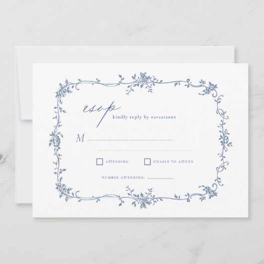 Victoriaans  Franse RSVP Dusty Blue Wedding Kaart (Voorkant)