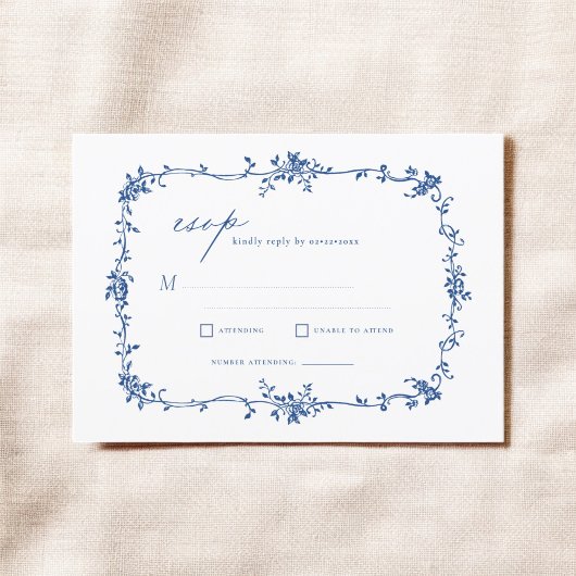 Victoriaans  Franse RSVP Navy Blue Wedding Kaart