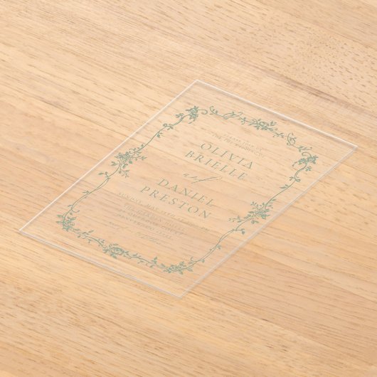 Victoriaans  Franse Sage Green Wedding Acryl Uitnodigingen (Laagn)