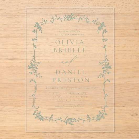 Victoriaans  Franse Sage Green Wedding Acryl Uitnodigingen (Voorkant)