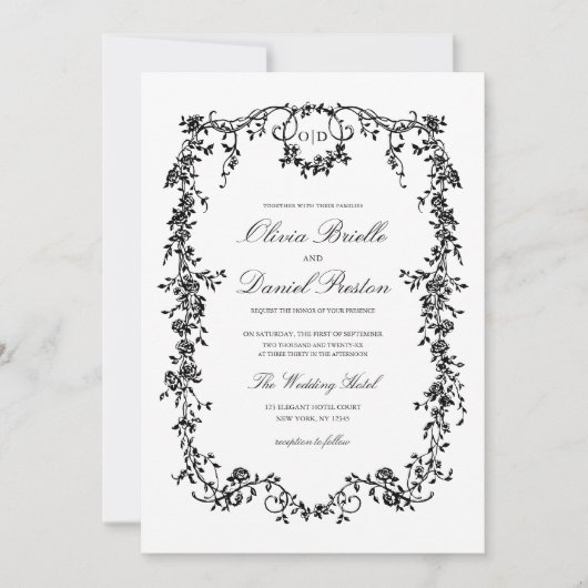 Victoriaans Franse Zwarte Bloemen Huwelijk Monogra Kaart (Voorkant)