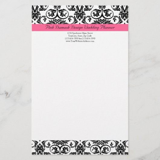 Victoriaans Fuchsia Pink en White Damask Briefpapier (Voorkant)