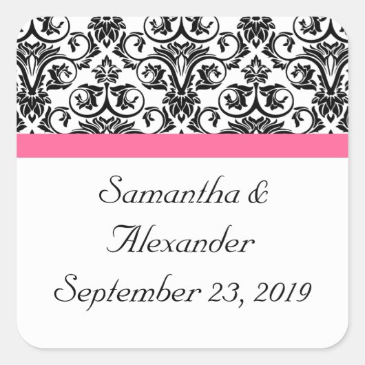 Victoriaans Fuchsia Pink en White Damask Vierkante Sticker (Voorkant)