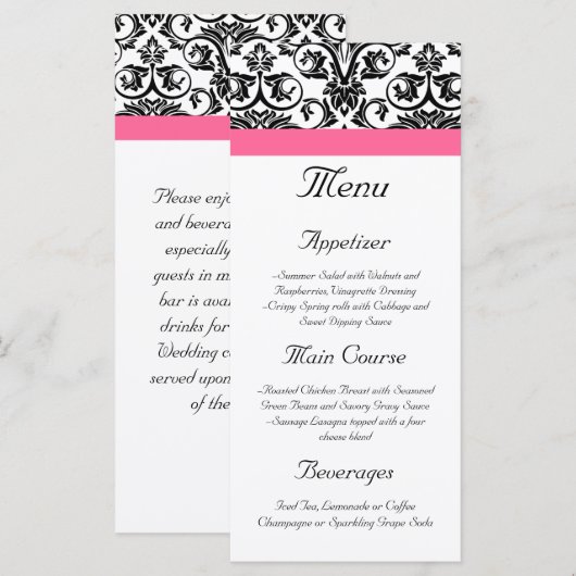 Victoriaans Fuchsia Roze en Witte Damast Menu (Voorkant / Achterkant)