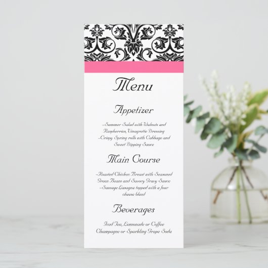 Victoriaans Fuchsia Roze en Witte Damast Menu (Staand voorkant)
