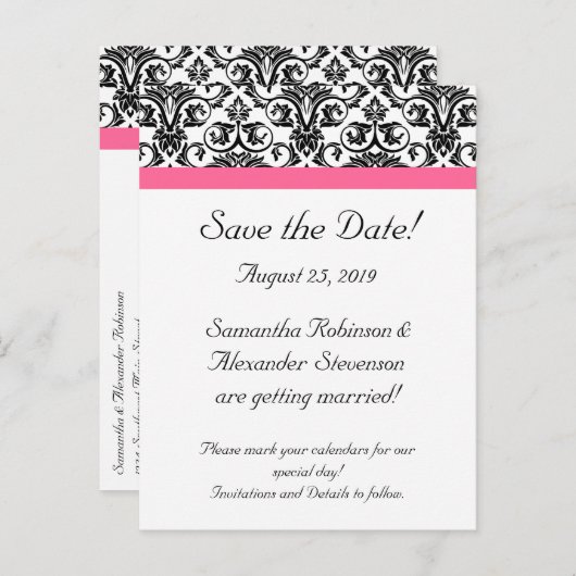 Victoriaans Fuchsia Roze Wit Damask Save the Date Aankondigingskaart (Voorkant / Achterkant)