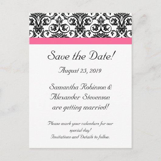 Victoriaans Fuchsia Roze Wit Damask Save the Date Aankondigingskaart (Voorkant)