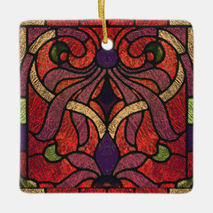 Victoriaans gebrandschilderd glas in marrood en ro keramisch ornament