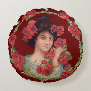 Victoriaans Gibson Girl Poppies Flowers Art Nouvea Rond Kussen