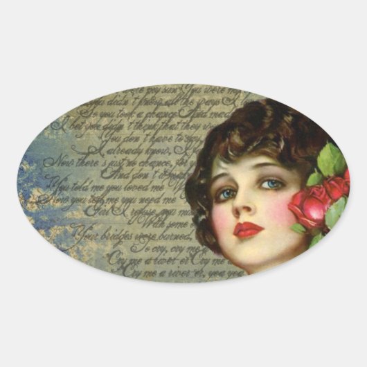 Victoriaans Glamour Girl met Red Rose Oval Sticker (Voorkant)