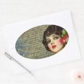 Victoriaans Glamour Girl met Red Rose Oval Sticker (Envelop)