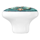 Victoriaans Glas in lood Patroon Aqua Turquoise Keramische Knop (Zijkant)