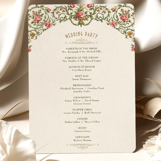 Victoriaans Gold Arch & Pink Roses-programma Kaart