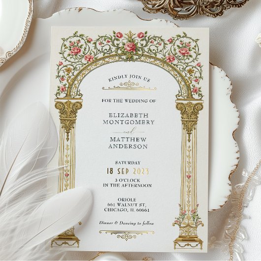 Victoriaans  Gold Arch & Pink Roses Wedding Folie Uitnodiging
