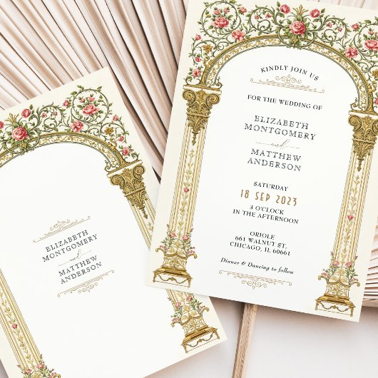 Victoriaans  Gold Arch & Pink Roses Wedding Kaart