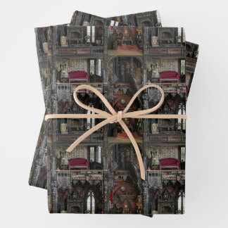 Victoriaans Gotisch Haunted Dollshouse met Dolls i Inpakpapier Vel