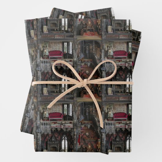 Victoriaans Gotisch Haunted Dollshouse met Dolls i Inpakpapier Vel (In situ)