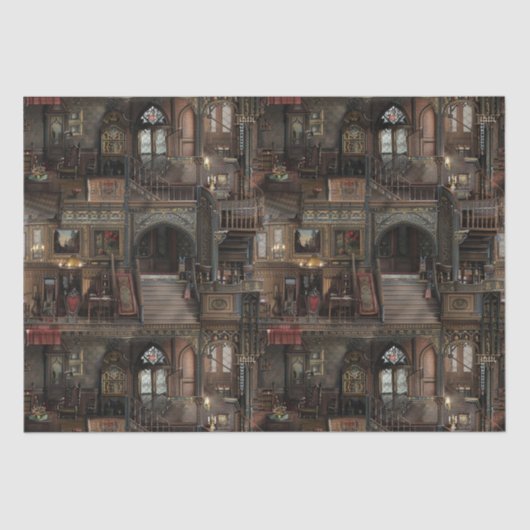 Victoriaans Gotisch Haunted Dollshouse met Dolls i Tissuepapier (Voorkant)