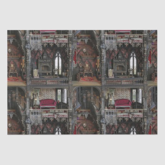 Victoriaans Gotisch Haunted Dollshouse met Dolls i Tissuepapier (Voorkant)