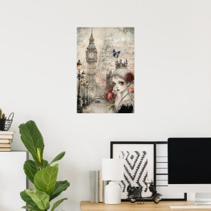 Victoriaans Gotisch Meisje & Bloemen Londen Street Poster