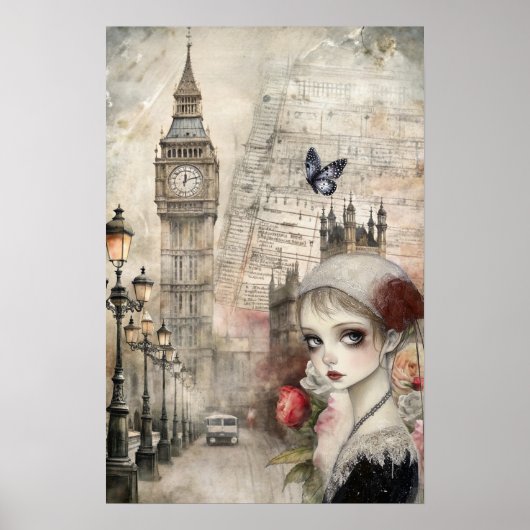 Victoriaans Gotisch Meisje & Bloemen Londen Street Poster (Voorkant)