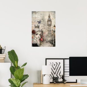 Victoriaans Gotisch Meisje & Bloemen Londen Street Poster