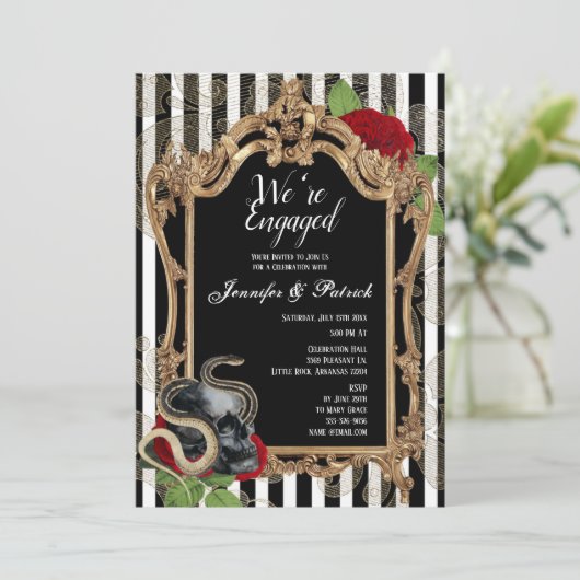 Victoriaans Gotische Black Stripe Engagement Party Kaart (Staand voorkant)
